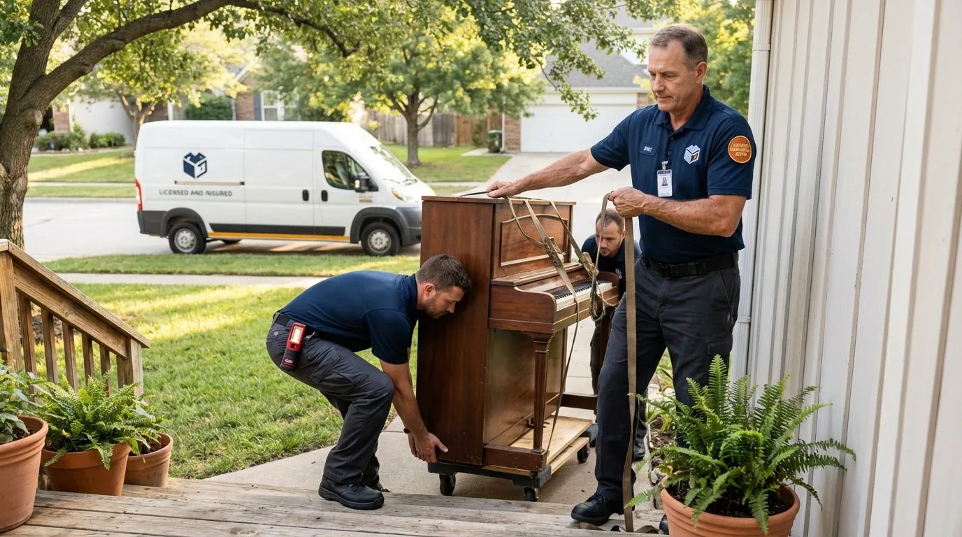 Licensed piano movers securing grand piano in Donora, PA