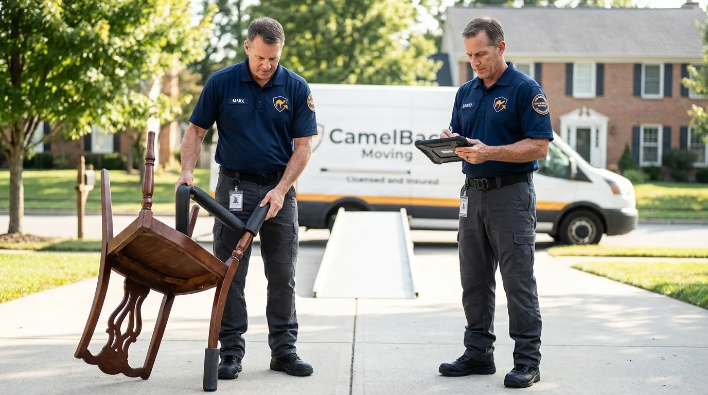 Movers inspecting furniture for damage prevention before loading in Donora, PA
